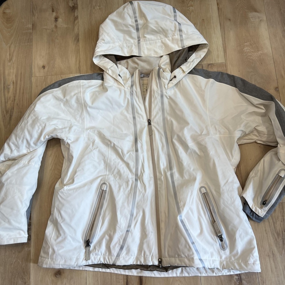 Athleta Ski Jacket Womens 2X White Gray Hooded‎ RECCO Insulated Snow Winter